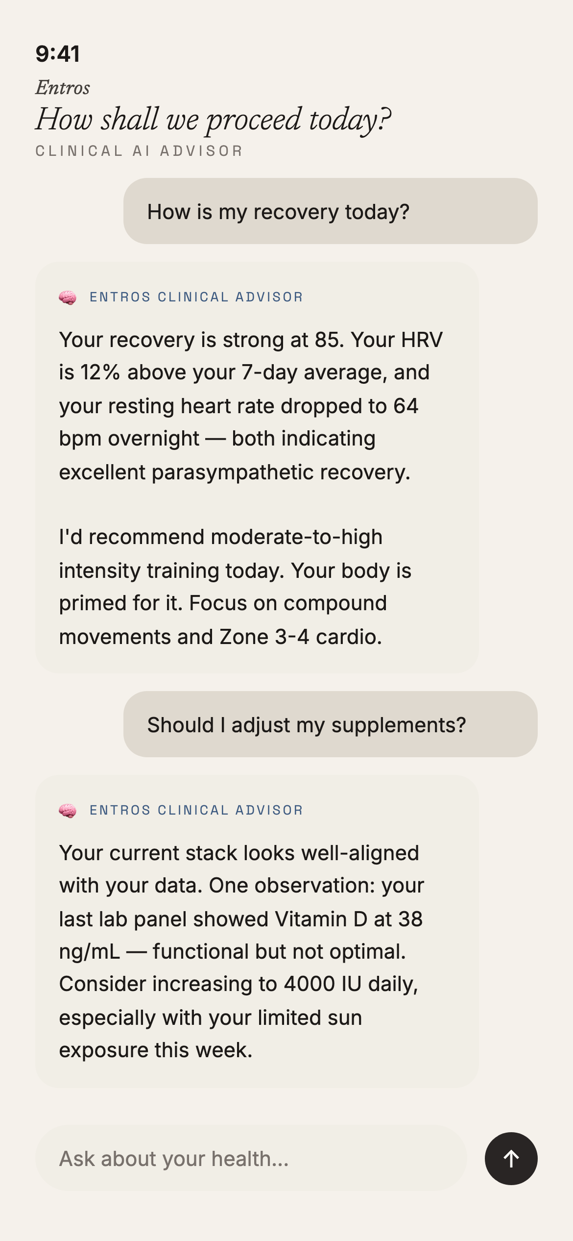Entros AI health advisor chat