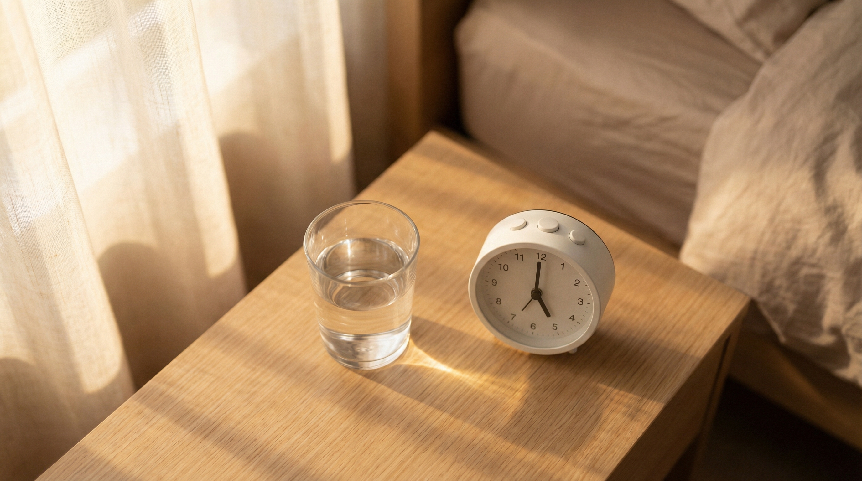 Nightstand with glass of water and alarm clock at 5am