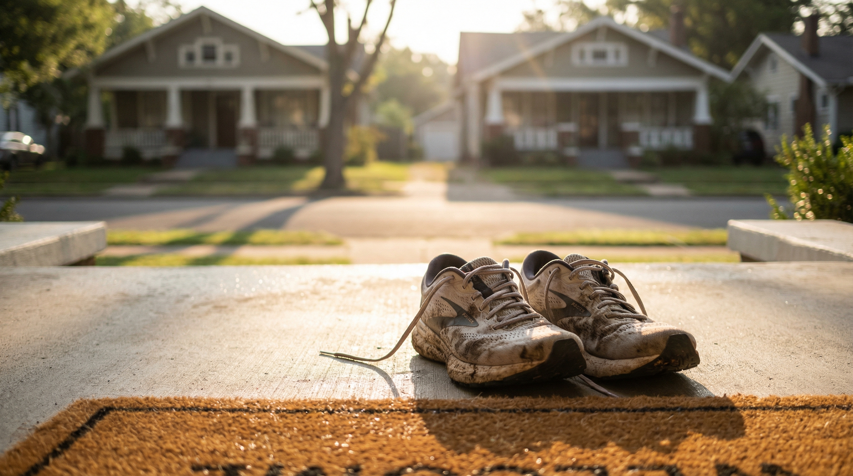 Running shoes on a doorstep in morning light