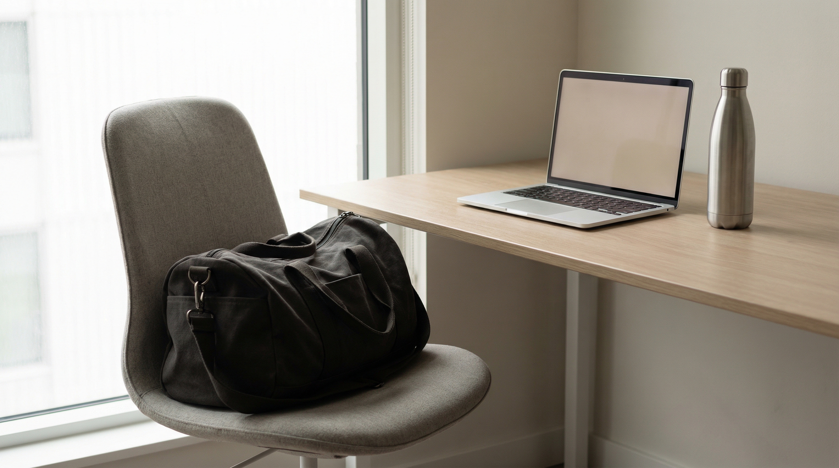 Gym bag on office chair next to laptop and water bottle
