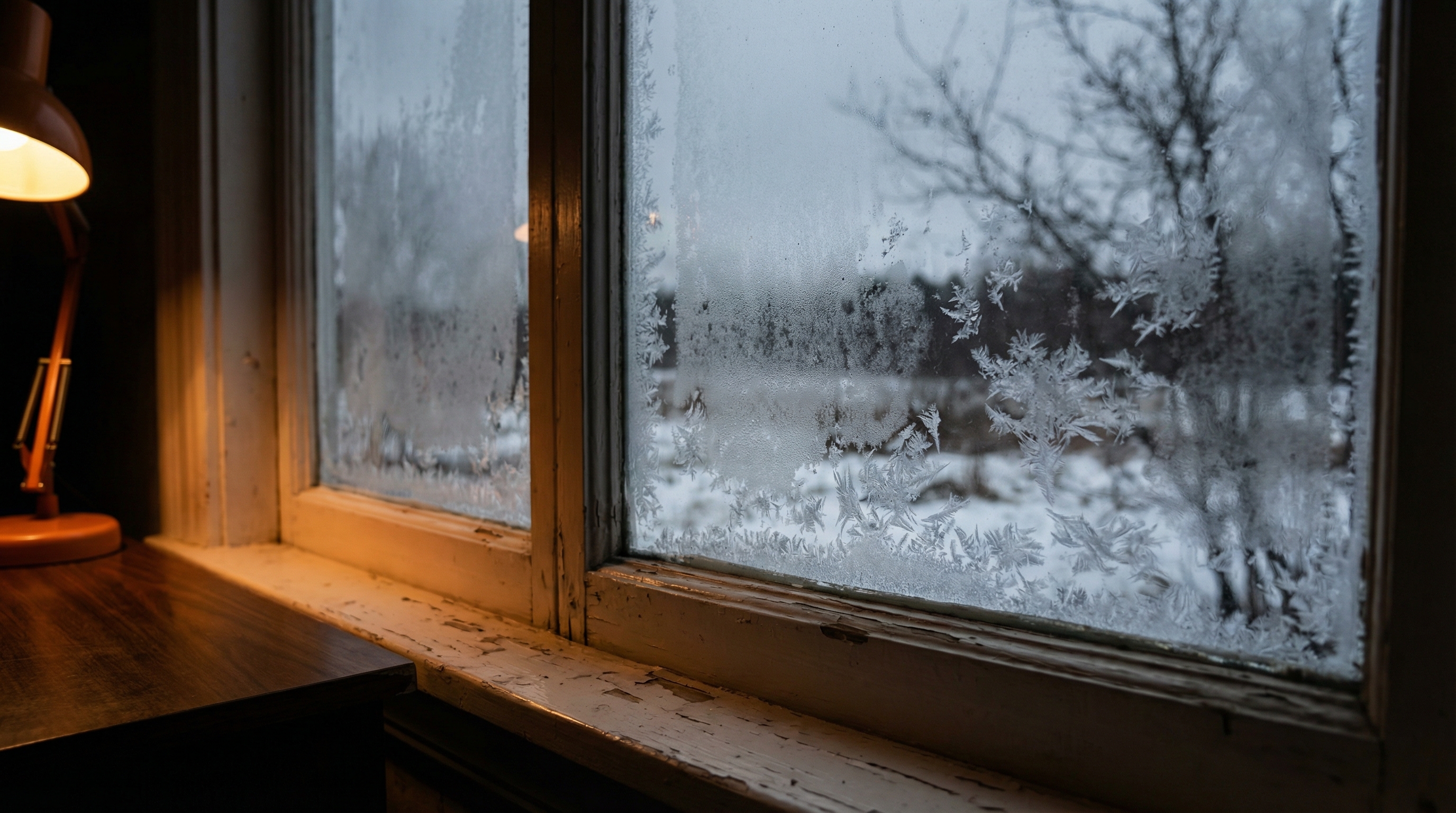 Frost on window with desk lamp glow on a grey winter day